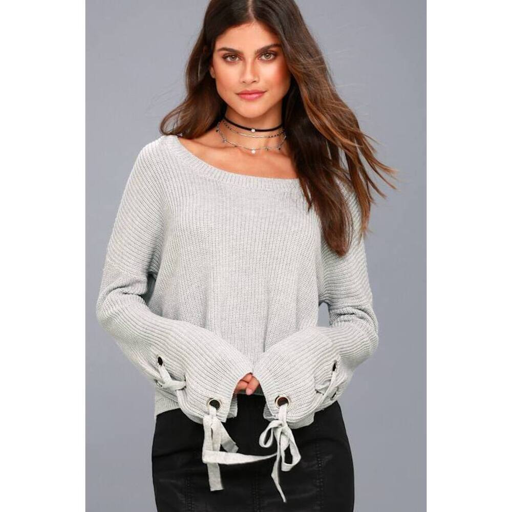 New Lulus Flirt And Finesse Light Grey Lace-up Sleeve Sweater - Size X-Small
